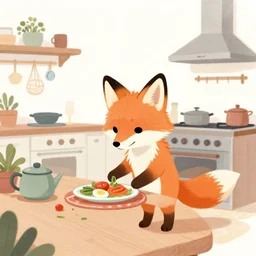 storybook illustration of a small fox preparing a meal in his kitchen, soft colours, award-winning artwork