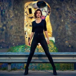 full body portrait photo of women like reol from a distance wearing casual clothes looking down at the city from above, guardrail, realistic, dynamic perspective pose, skin tinted a warm tone, hdr, rounded eyes, detailed facial features, blue black gold, epic fantasy movie, gustav klimt