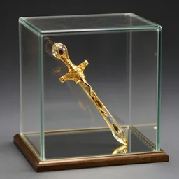 a weapon made of gold and glass in a glass box.
