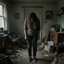 a woman with adhd - ip bows her head as she stands in her messy house. folk horror. detailed.
