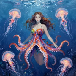 a beautiful girl underwater wearing a colourful octopus as a dress and surrounded by glowing jellyfish, painted by edgar maxence, edward hopper, wayne barlowe and james gilleard, airbrush, art by jamesjean