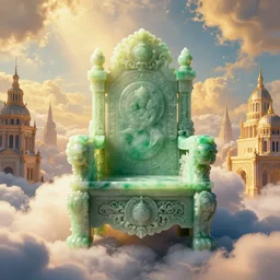 a Byzantine ornate jade throne surrounded by heavenly clouds, Byzantine city, beautiful, beautiful light, light particles, intricate artwork. octane render, trending on artstation, Greg Rutkowski, Fragonard, golden hour, symmetrical, very coherent, cinematic, hyper realism, high detail, vibrant