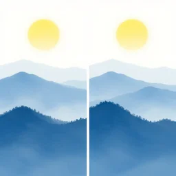 two side by side panels of layered blue mountains with a white background with a bright yellow sun. beautiful serene feeling of being in nature. calming.