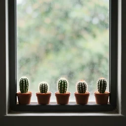 a view from inside on a window with on it's border small cactus in pot.