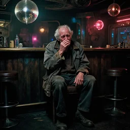the full - body shot of drunk crying old wrinkled unkempt drunkard ( ( liz cheney ) ) with worn in grey jacket in dark steampunk fallout disco bar, cinematography of christopher doyle, frostpunk, neon gloomy light, discoball reflections, anamorphic, optical flares, kodak film, sharp focus, 8 k