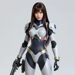 portrait of woman in full mecha body suit with a gun, long straight hair, colourful, pretty face, intimidating expression, glowing eyes, anime style by rossdraws, artgerm and greg rutkowski, 4 k, graphic design, adobe illustrator, behance, trending on pixiv