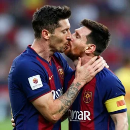 Lewandowski and Messi kissing