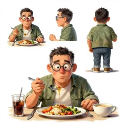 cartoonish tom waits eating dinner, vivid colors, character sheet, fine details, concept design, contrast, kim jung gi, greg rutkowski, trending on artstation, 8 k, full body, turnaround, front view, back view, ultra wide angle