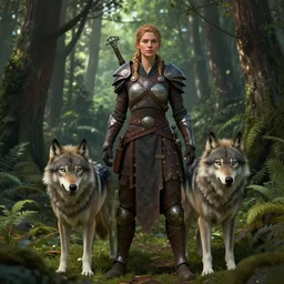 A hyperdetailed digital artwork of lush serene forest guarded by female warrior and her wolf companion by Brigitte Roka and CGSociety, 8kresolution, Detailed face on femele warrior