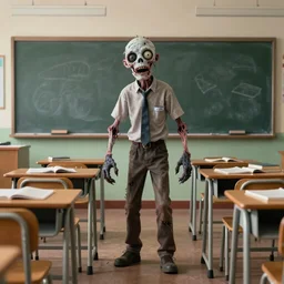 teacher as rotting zombie in school, full body portrait, chaotic classroom with desks and chairs and chalkboard, sharp focus, fiction, hyper detailed, digital art, trending in artstation, cinematic lighting, studio quality, smooth render, unreal engine 5 rendered, octane rendered, art style and nixeu and wlop and krenz cushart