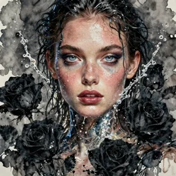 fierce wet fashion model, reflections in eyes, splash, sweat skin, liquid metal, effervescent, black roses, poster art, high detail, intricate oil painting and washed watercolor, deep mood, hyperrealism, 3 d, in the style of irakli nadar,