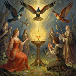 depiction of the summoning rituals of glorious birds by leonora carrington and james jean, digital art