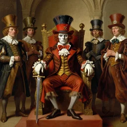 the Mad hatter seated on his throne, surrounded by his court, holding his sword stabberwocky, by Thomas Cole and Wayne Barlowe