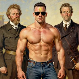 Ripped Physique Hank Hill Hermes the god wearin sunglasses with golden crest Norman Rockwell Winslow Homer Greg Rutkowski Frank Frazetta Brad Rigney Bastien Lecouffe-Deharme Romain Trystram Jordan Grimmer Ilya Repin C. M. Kosemen All Tomorrows Youtube Video Sharpie Bold