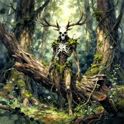 driftwood forest spirit standing in the woods, skull, branch antlers, moss, vines and flowers, high detail, cinematic lighting, anime, manga, watercolor, by alex ross,