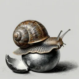 a close-up an immortal snail crawling out of a broken open up tungsten ball, painted in the style of Gustave Doré