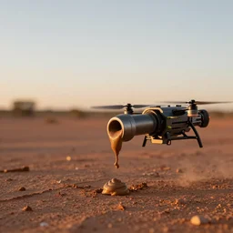industrial extrusion nozzle on flying radio controlled drone, extruding a clay mixture, in the australian desert,  XF IQ4, 150MP, 50mm, F1.4, ISO 200, 1/160s, dawn