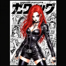 highly detailed coherent professional 9 0 s seinen manga cover art of badass goth woman with red hair, leather clothes, black makeup. chunibyo. horror cyberpunk action manga cover promotional art. detailed and intricate environment. pencils by ilya kuvshinov and painted by zdzislaw beksinski, inked by tsutomu nihei