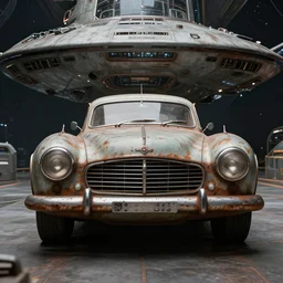 vintage old ussr soviet car, iz 2 1 2 5, as a realistic scifi spaceship!!!, round lights, rusty, wide angle shot art by donato giancola and greg rutkowski, vintage retro scifi, realistic space, digital art, trending on artstation, symmetry!!!