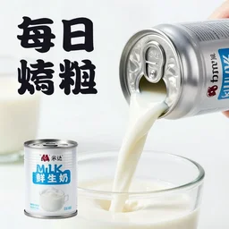 an aluminum can being poured out out, pouring white liquid, pouring milk. advertisement, canned milk