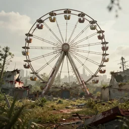 post apocalyptic theme park, giant wheel, morning, by ricardo bofill, apocalyptic color palette, trending on artstation, photorealistic, wilderness ambiance, ultra detailed, high definition, depth of field, bokeh, rubble, wild vegetation, blood stains, building crumbling