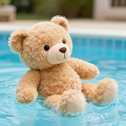 teddy bear playing in a pool
