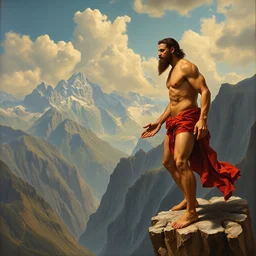 an amazing realistic painting of cain and abel standing on the edge of a cliff and looking at each other with a look of resentment, majestic mountains in the background, painting by roberto ferri, amazing detail, beautiful art, smooth, elegant, intricate, vibrant, colorful