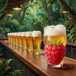 a surreal scene in a jungle bar serving serving a beer pint line inside a raspberry instead of a glass by Greg Rutkowski and James Gurney, trending on Artstation, highly detailed, hyperrealist, realistic, photorealistic, dynamic lighting.