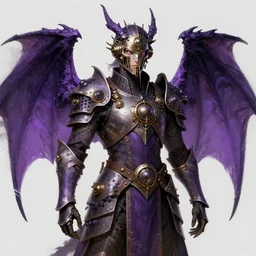 Man, hunter, dragon inspired armor, symmetric dragon wings, steampunk, detailed face, by Albert Aublet, Krenz Cushart, WLOP, Sakimichan, high fantasy, purple aethetic, matte painting, artstation