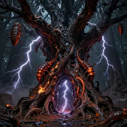 Tree of hell, Darkness, fire, larvae, rust, black lightning, portal, cinematic, HD, ultra detail, 8k