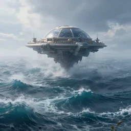 of sinuous stormy ocean with a sci - fi domed floating platform appearing from the misty waters, in the style of antonio berni, macro lens, shallow depth of field, highly detailed, digital painting, trending artstation, concept art, illustration, cinematic lighting, vibrant colors, photorealism, epic, octane render