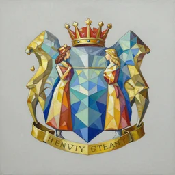 fantasy family crest, by bob byerley, acrylic paint, complimentary - colors, geometric, polygonal, tshirt artwork design