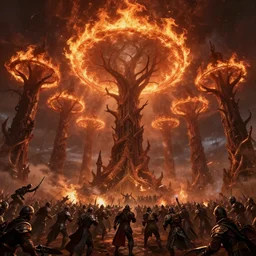 epic professional digital art of gothic trees with rings of fire in the sky surrounded by legions of armies, battling with each other, best on artstation, cgsociety, wlop, cosmic, epic, stunning, gorgeous, much detail, much wow, masterpiece