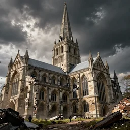 Salisbury cathedral with a broken spire, post apocalyptic ruin, epic cinematography, dramatic lighting, fantasy art, trending on artstation