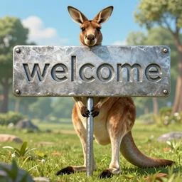 a kangaroo holding a sign made out of steel with the word'welcome'carved on it, digital art