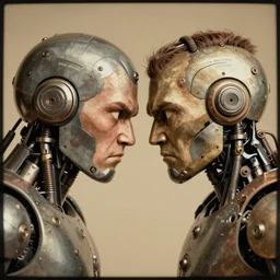 a beautiful ultradetailed vintage photo of two angry cyborgs butting heads, by tom bagshaw and anna dittman, portrait, vignette, 3 5 mm lens, golden ratio composition, detailed faces, studio photography, very detailed, humanoids, industrial robots, artstation, 8 k, highly coherent
