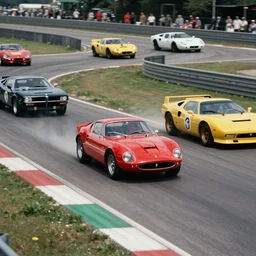 vintage archival race footage of a single 1955 Ferrari F40, with elements of the De Tomaso Pantera, Lotus, GT40, BMW M1, and Countach, movie still, speed, cinematic Panavision 5384 film