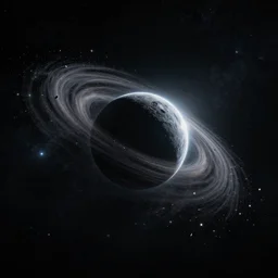 space debris revolving around black hole in black starless space, view from afar, dramatic light