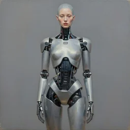 cyborg fashion model, hyperrealism oil painting, matte