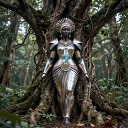 hyperrealistic post - maximalist masterpiece super expressive! yoruba goddess with exoskeleton armor, merging with tree in a forest, highly detailed digital art cinematic, smooth cam de leon eric zener dramatic pearlescent soft teal pink light, ground angle hd 8 k, sharp focus