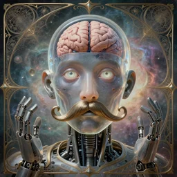 joyous transparent hybrid human and robot face, human brain visible inside, reaching nirvana, goofy, silly, dmt, large metal mustache, muted colors, benevolent, nebula background, glowing eyes, detailed realistic surreal robot, art nouveau, visionary, baroque, giant fractal details. vertical symmetry by zdzisław beksinski, highly detailed, realistic