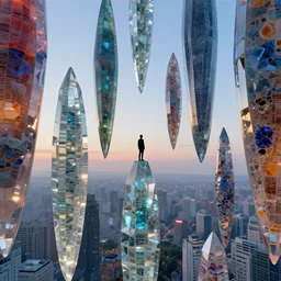 Gaseous porcelain and glass towers of light, each with its own unique pattern of color, floating in the sky. In the midst of all that beauty is a single figure standing on a pillar of crystal, looking down at the city below.