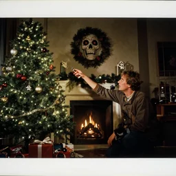 a wide angle movie still from the thing ( 1 9 8 2 ) by john carpenter showing the decorating for christmas scene, sci - fi and horror, uneasy and uncanny atmosphere, shot on celluloid, panavision lenses, 3 5 mm film, anamorphic, oscar winning practical effects