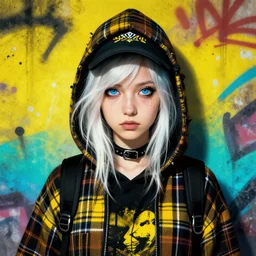 highly detailed portrait of a sewer punk lady student, blue eyes, tartan hoody, hat, white hair by atey ghailan, greg rutkowski, greg tocchini, james gilleard, joe fenton, kaethe butcher, gradient yellow, black, brown and cyan color scheme, grunge aesthetic!!! ( ( graffiti tag wall ) )
