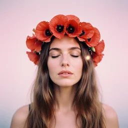 A color analog head and shoulder frontal portrait photography of a woman wearing a poppy flower crown by Annie Leibovitz. Long hair. eyes closed. soft gradient pastel color background. Ilford Delta 400 film. detailed. hq. realistic. warm light. muted colors. lens flare. photoreal. Leica M9.
