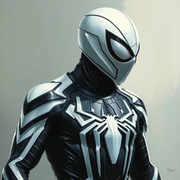 photorealistic, hyperdetailed, oil painting, of a white and black, sleek stealth suit and spider - man suit hybrid, by greg rutowski