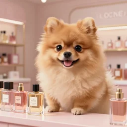 a highly detailed digital painting of a fluffy antropomorphic pomeranian that works on a perfume shop, trending on artstation, octane render, 4 k, unreal 5