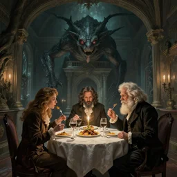 cryptid!!!! eating dinner with charles darwin in a mansion, trending on artstation, dark fantasy