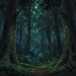 detailed exterior of a dark mystical forest, anime key visual