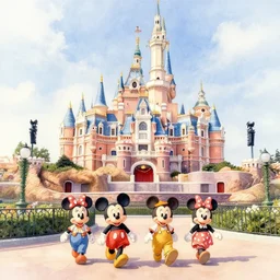 a beautiful watercolour painting of the disney castle with disney characters walking around, 4 k, ultra detailed, wide angle